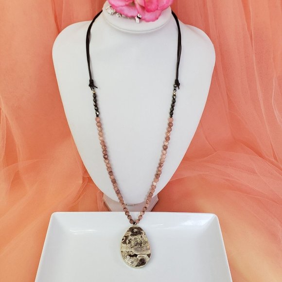 Large Gray & White Jasper Stone Pendant on Brown Cord Necklace Pink Agate Beads - Picture 2 of 12